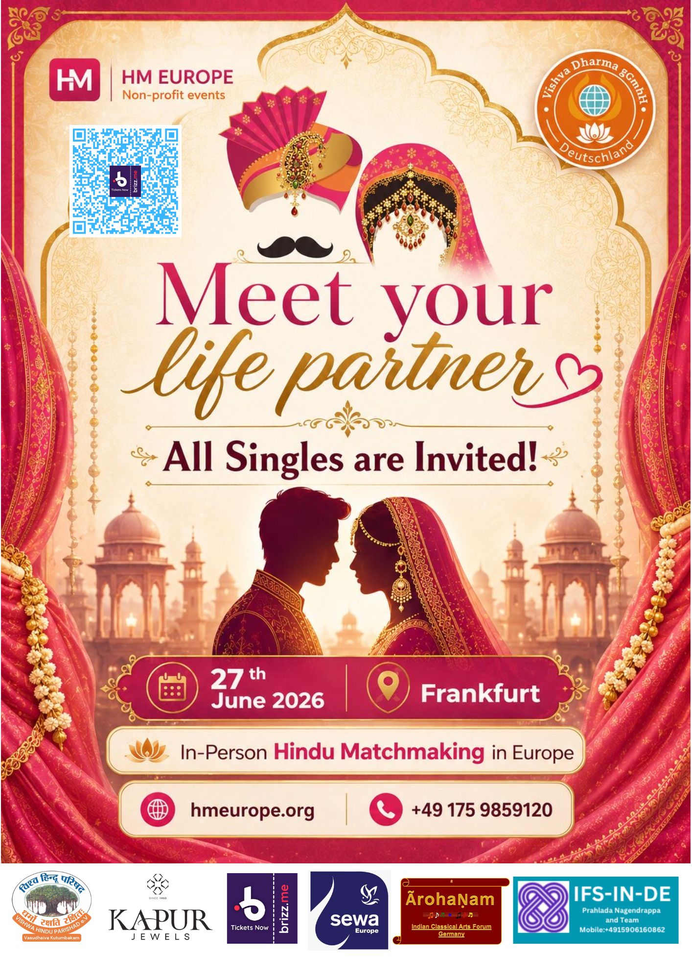 Hindu Matrimonial Europe in-person matchmaking event flyer — Frankfurt, Germany, June 27, 2026. Pre-register at hmeurope.org.